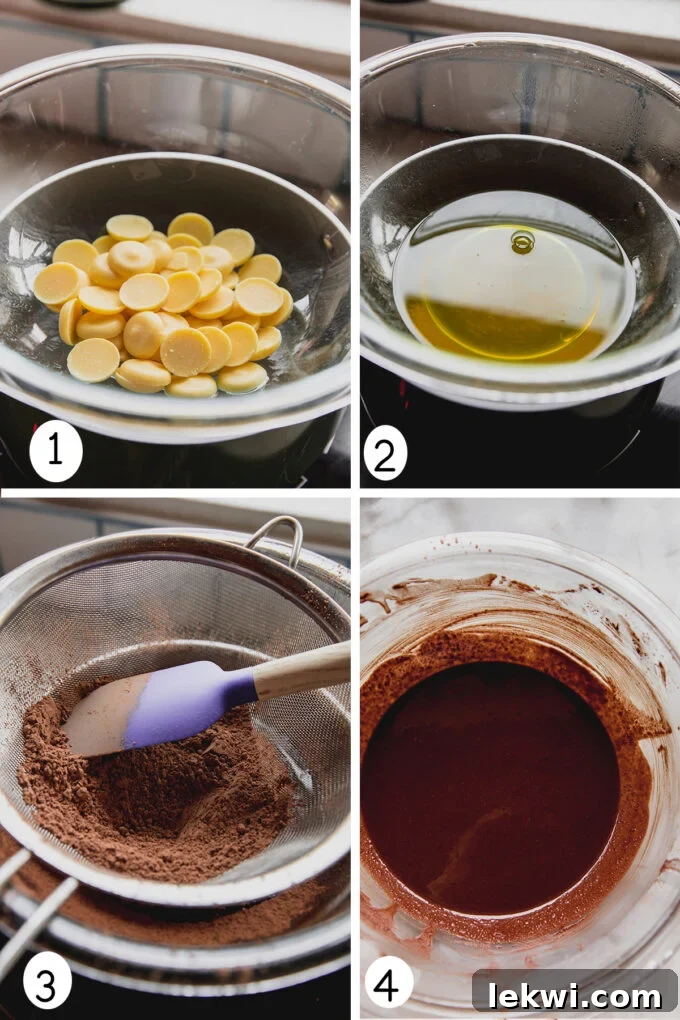 A visual sequence demonstrating the process of making homemade coconut milk chocolate bars, from melting to mixing.