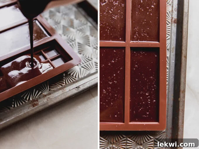 The final steps of making homemade chocolate: pouring the smooth mixture into molds and placing them in the refrigerator to set.