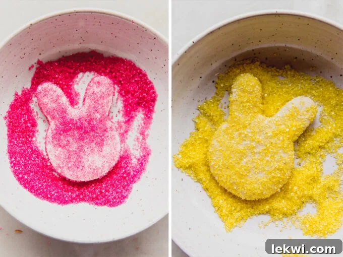 Photos of dipping the marshmallows in pink and yellow sugar to coat and decorate the marshmallows.