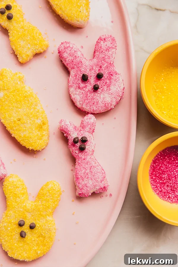 A serving plate topped in homemade peeps in yellow and pink sugar.