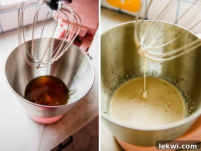 Step by step photos of before and after whipping the honey in a stand mixer.