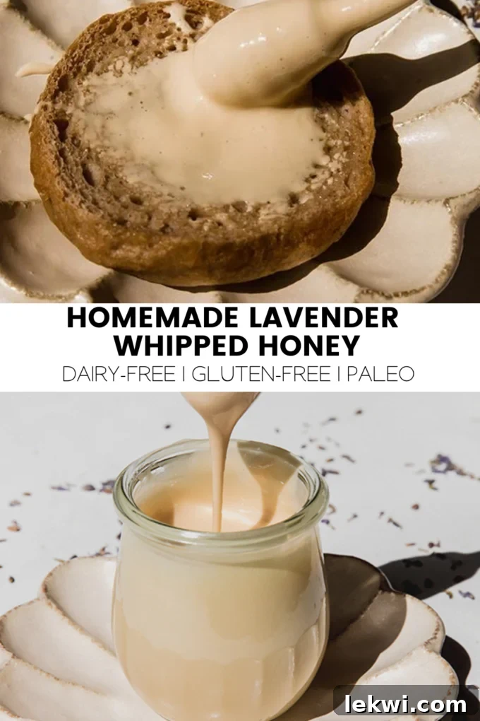 A final beautifully arranged image of Homemade Lavender Whipped Honey, perhaps on a pastry or with flowers.