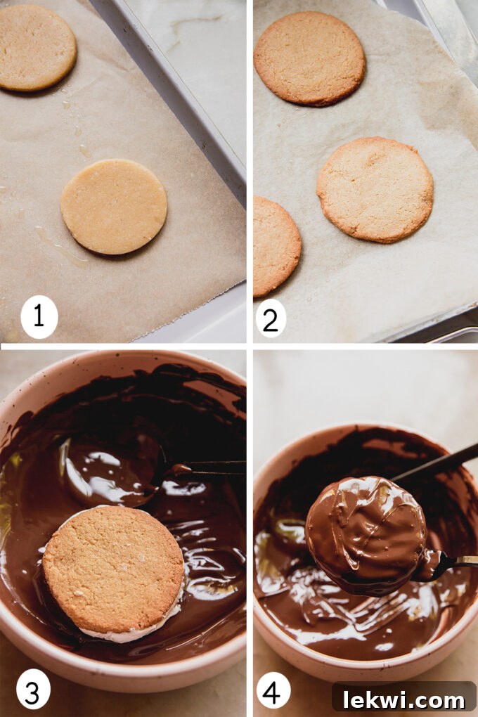 A collage of 4 photos showing the process of baking the moon pie cookie, adding marshmallow cream, and dipping it in chocolate.