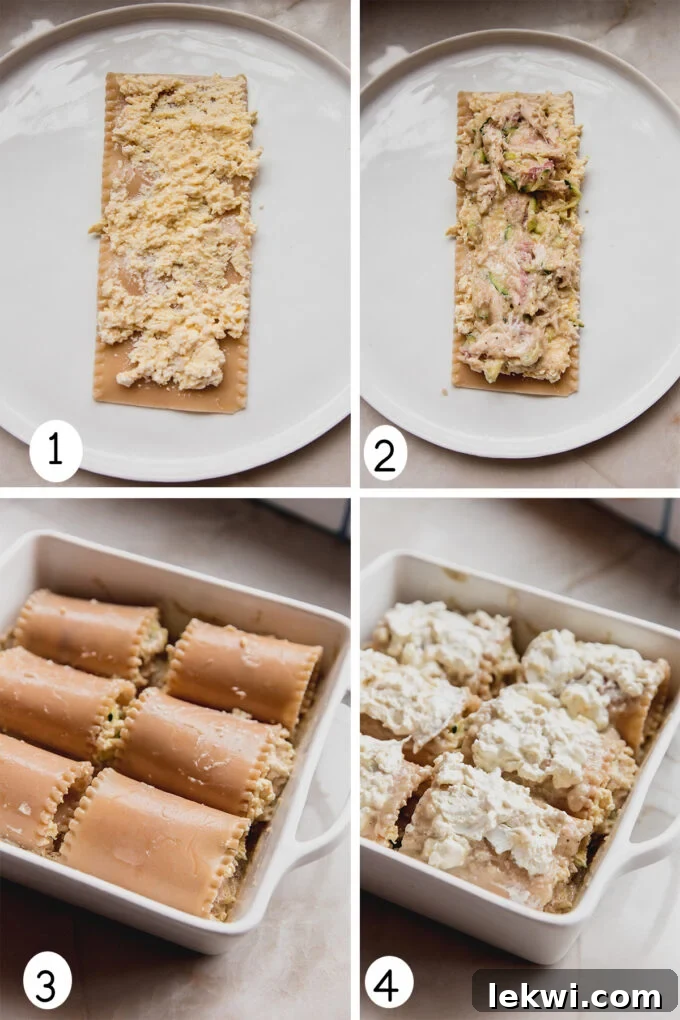 Creamy Gluten-Free Chicken Alfredo Lasagna Roll Ups 3 Step-by-step visual guide showing how to prepare Chicken Alfredo Lasagna Roll-Ups, from mixing fillings to rolling the noodles and arranging them in the baking dish.