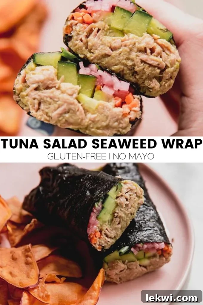 A high-quality image of the complete Tuna Salad Seaweed Wrap, showcasing its inviting presentation and delicious ingredients, ready for a healthy meal.
