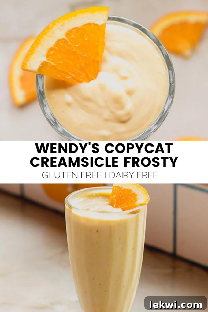 Large promotional image for Wendy's Copycat Creamsicle Frosty, highlighting its dairy-free and whole-food nature with an enticing photo of the drink, perfect for sharing on social media.