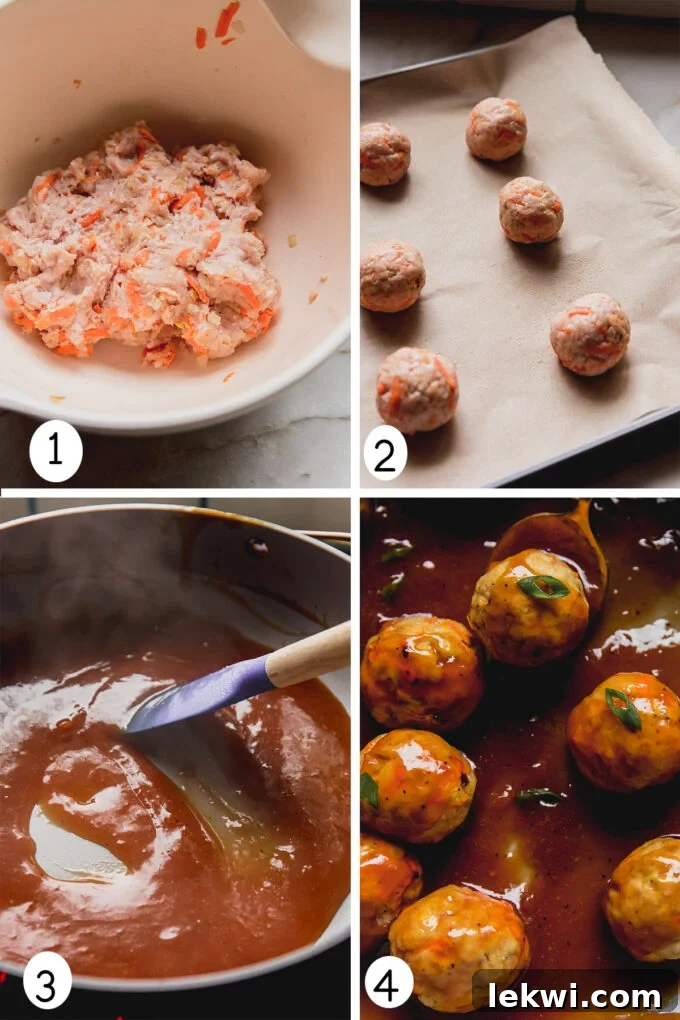 Step by step photos of making the sweet & sour chicken meatballs, showing the texture and process.