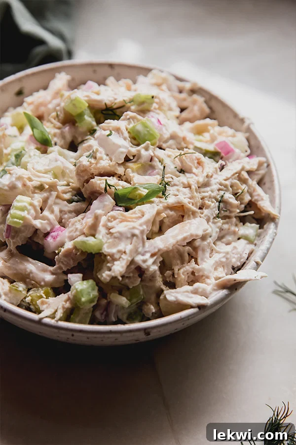 Dill pickle chicken salad topped with fresh dill in a bowl, ready to be served.