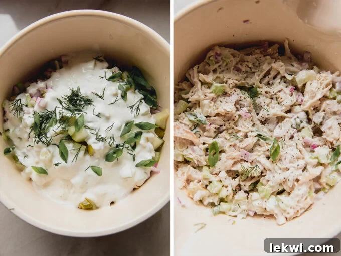 A two-part image showing the dill pickle chicken salad ingredients before and after mixing, illustrating the transformation.