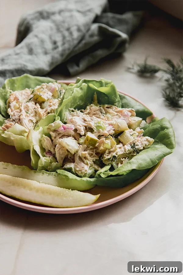 Easy dill pickle chicken salad served in vibrant lettuce wraps, garnished with fresh dill, ready to be savored.