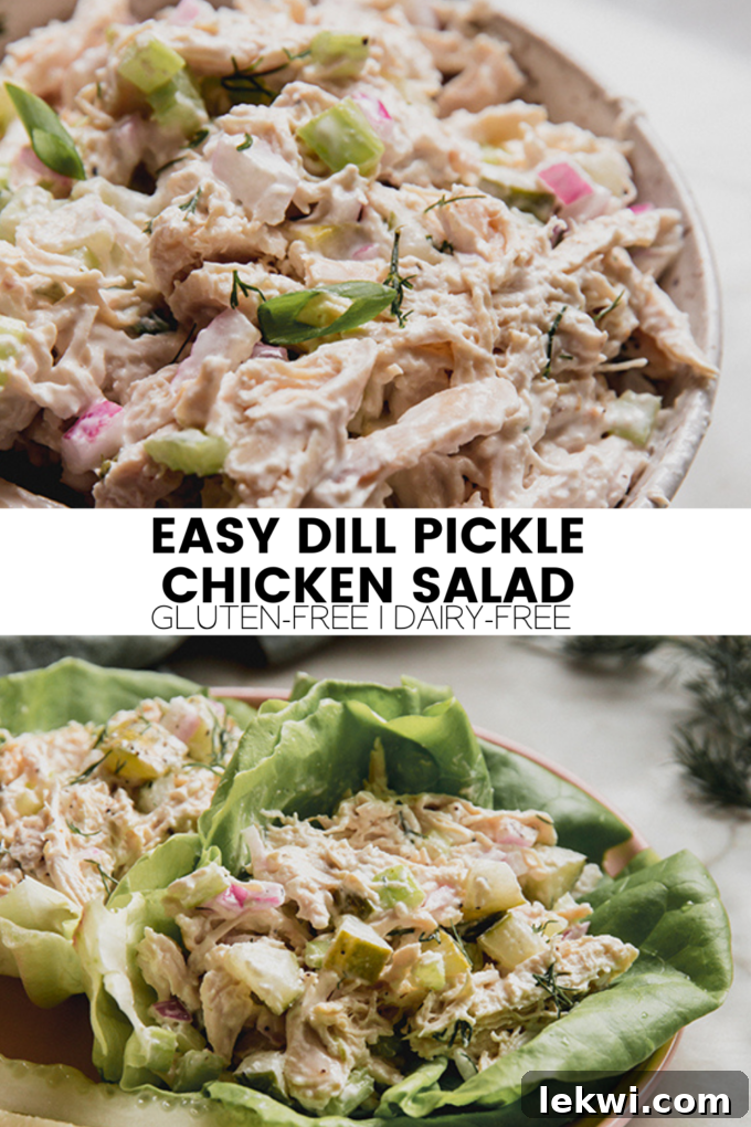 A beautifully designed pinnable image featuring the 'Easy Dill Pickle Chicken Salad' recipe title, making it easy to save and share.