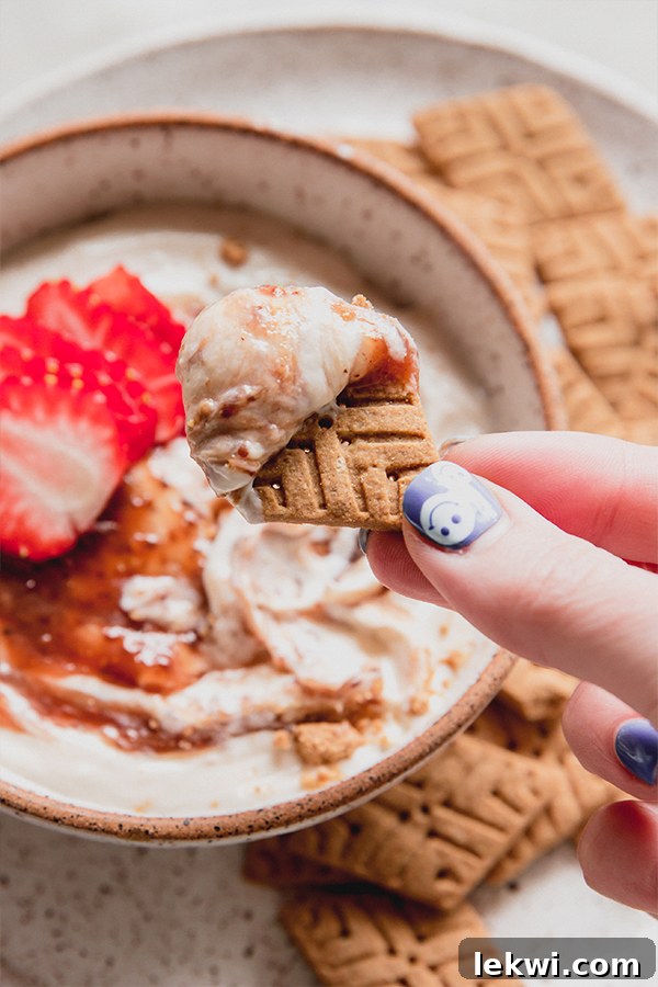 A hand holding a gluten-free graham cracker, freshly dipped into the creamy, strawberry-swirled cheesecake dip, ready to be enjoyed.