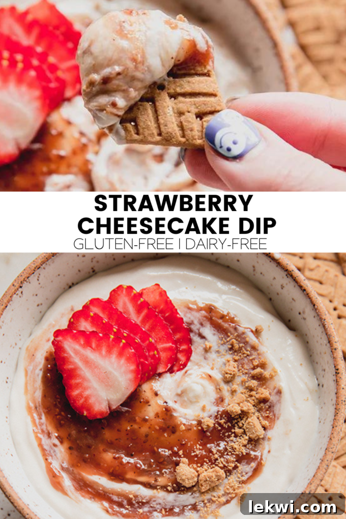 A beautifully composed flat lay image showcasing the strawberry cheesecake dip in a rustic bowl, surrounded by fresh strawberries and gluten-free graham crackers, emphasizing its inviting and delicious appeal.