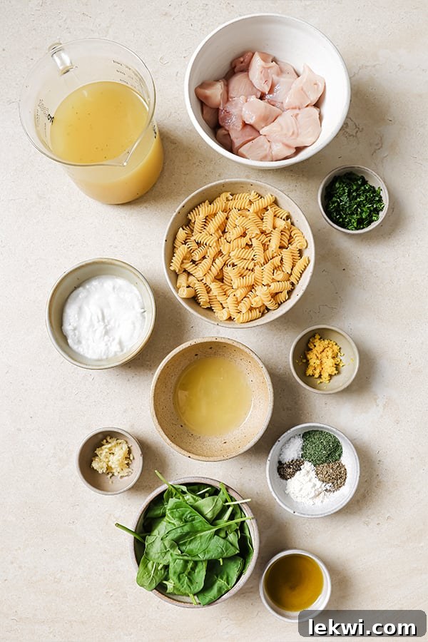 All of the ingredients for lemon chicken pasta bake before cooking.