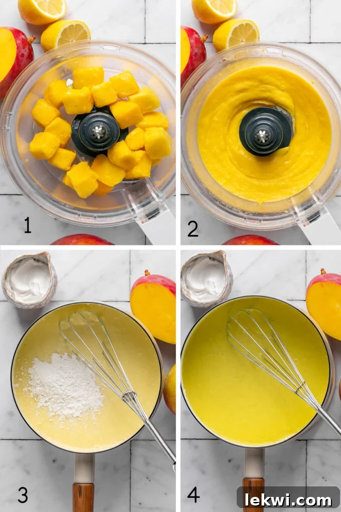 A series of step-by-step photos illustrating the process of making dairy-free mango pudding, from blending to chilling.