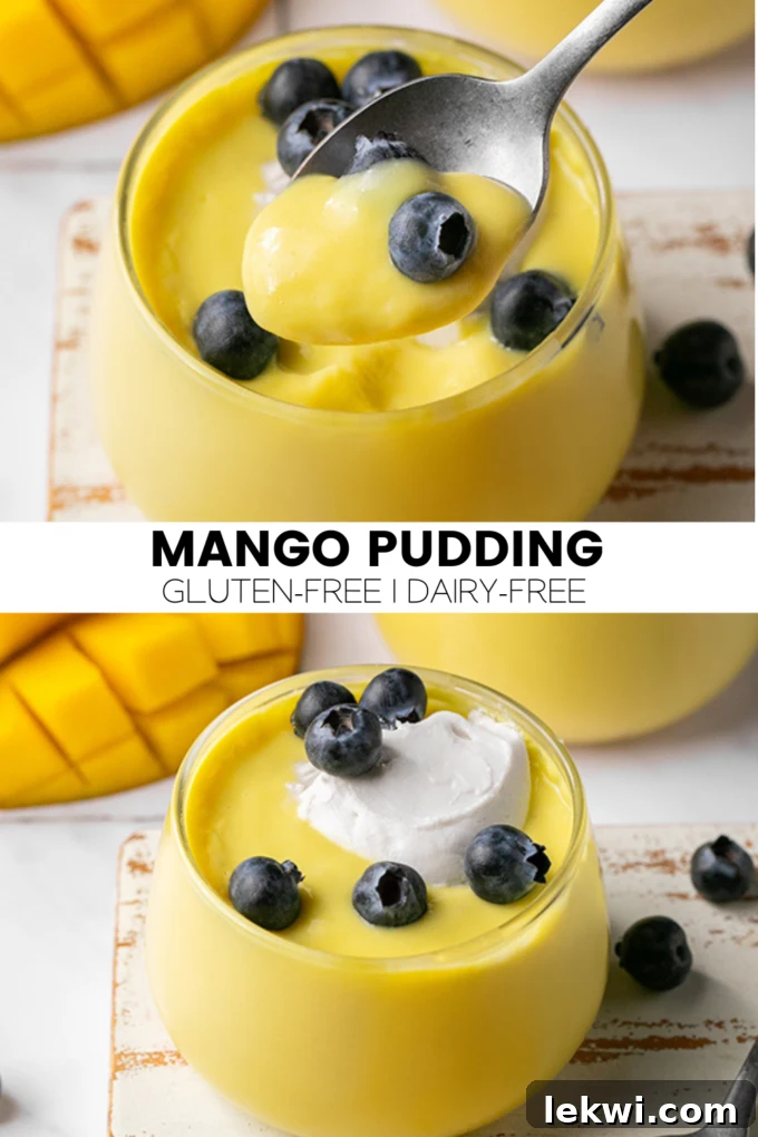A beautifully arranged serving of Dairy-Free Mango Pudding, garnished with fresh berries and a sprig of mint, showcasing its vibrant color and smooth texture.
