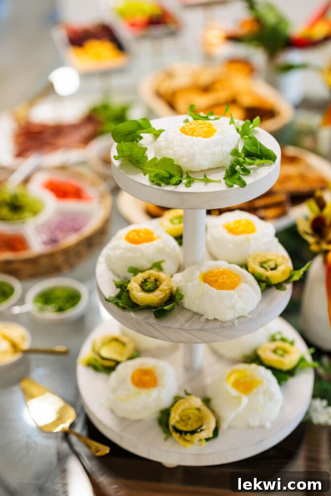 Cloud eggs beautifully stacked on a three-tiered serving platter, presented as an elegant and whimsical breakfast dish by Chef Trimell.