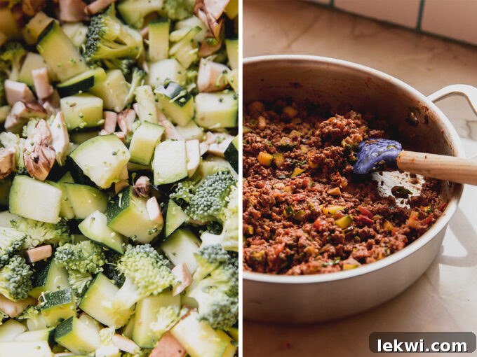 Side by side photo of veggies being cooked and beef being cooked in a pan.