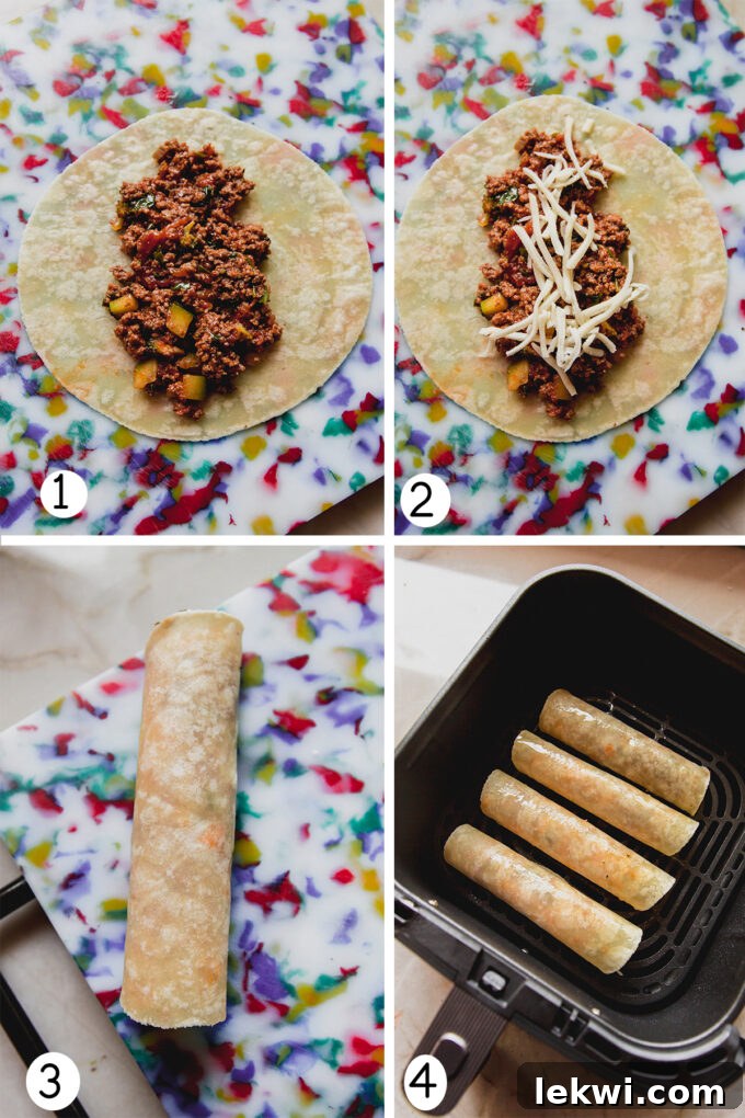 Collage of four photos of veggie pizza roll ups being rolled into a tortilla.
