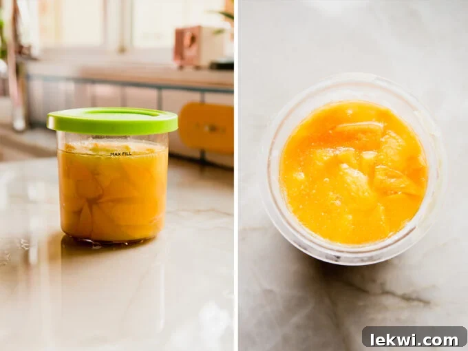 Side-by-side comparison: unfrozen mango and orange juice mixture in a Ninja Creami pint next to the fully frozen, pre-spun base before processing.