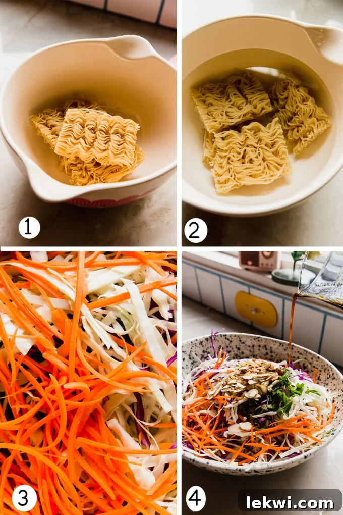 Step by step collage of 4 photos of ramen noodle salad being prepared. 