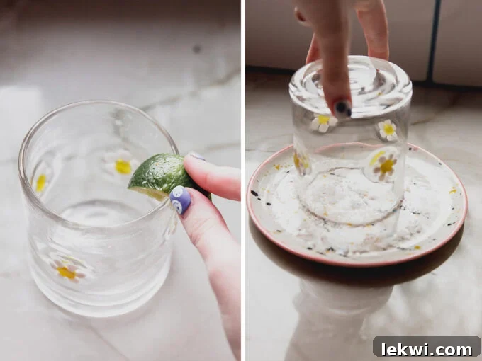 Side by side collage of a glass rim being coated with lime and salt.