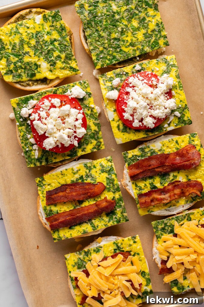 Sheet pan egg slices on bagel halves, with some topped with tomato and cheese, and others with bacon and cheese, ready for reheating.