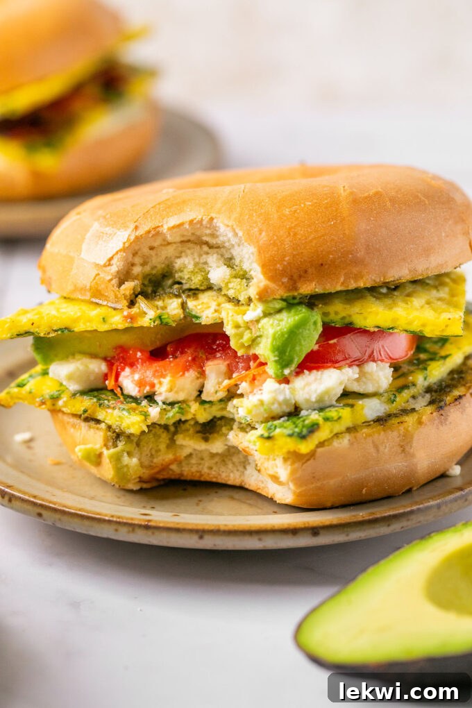 A sheet pan egg bagel sandwich with melted cheese, fresh tomato, and avocado slices, with a bite taken out, showing its delicious layers.