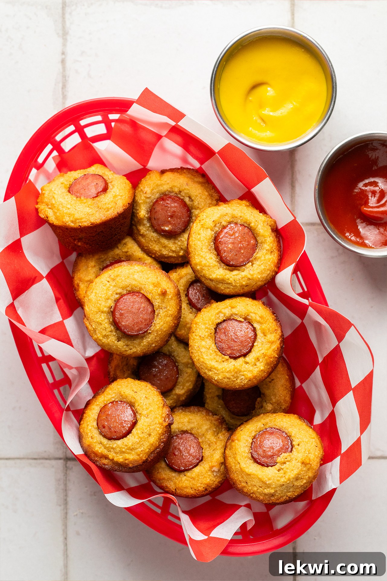 A basket overflowing with golden-brown corn dog mini muffins, ready to be enjoyed with small ramekins of mustard and ketchup. The inviting aroma seems to waft from the image.