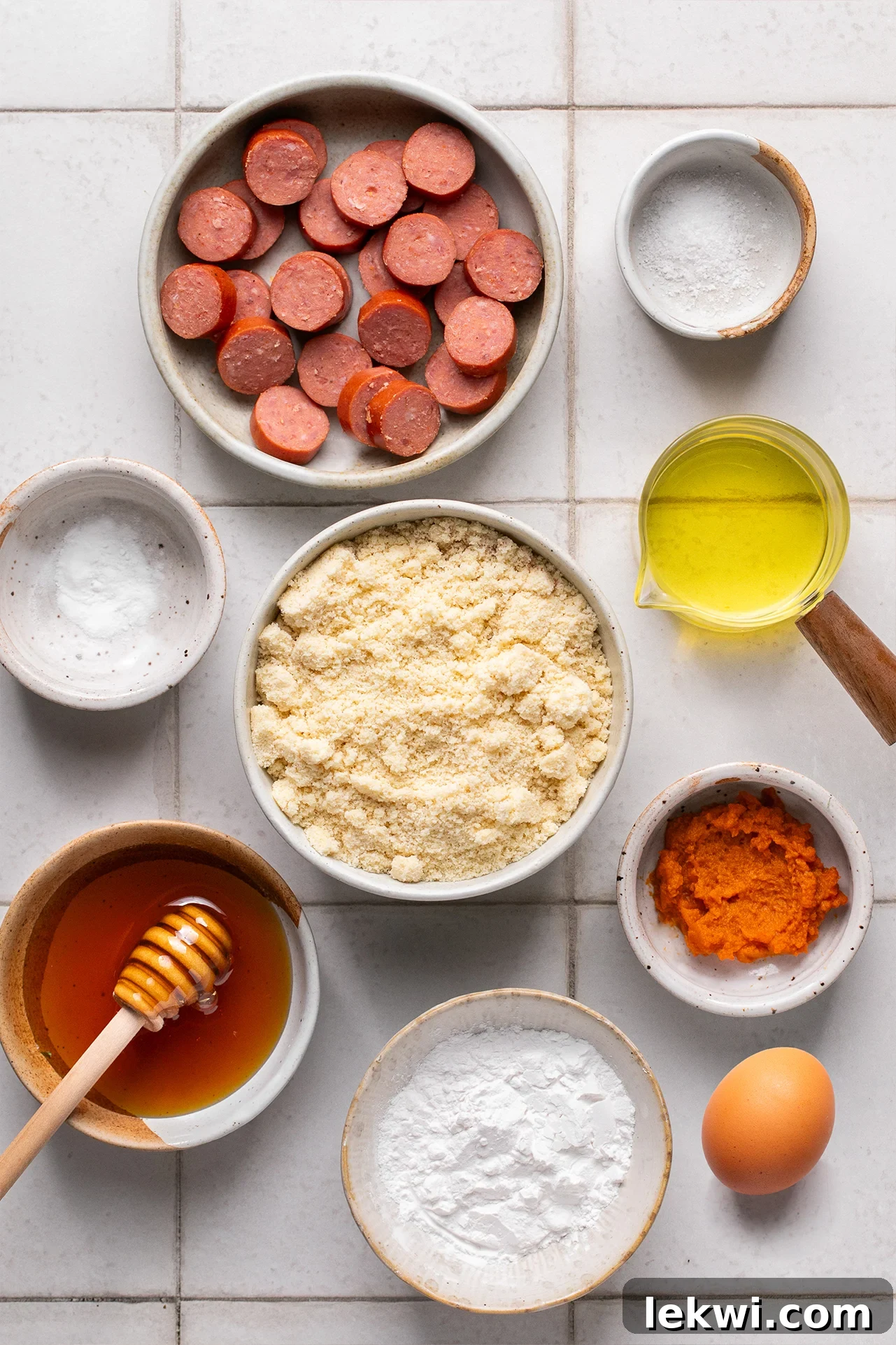 A collection of ingredients for corn dog muffins, including almond flour, hot dogs, pumpkin puree, eggs, and oils, laid out on a light surface.