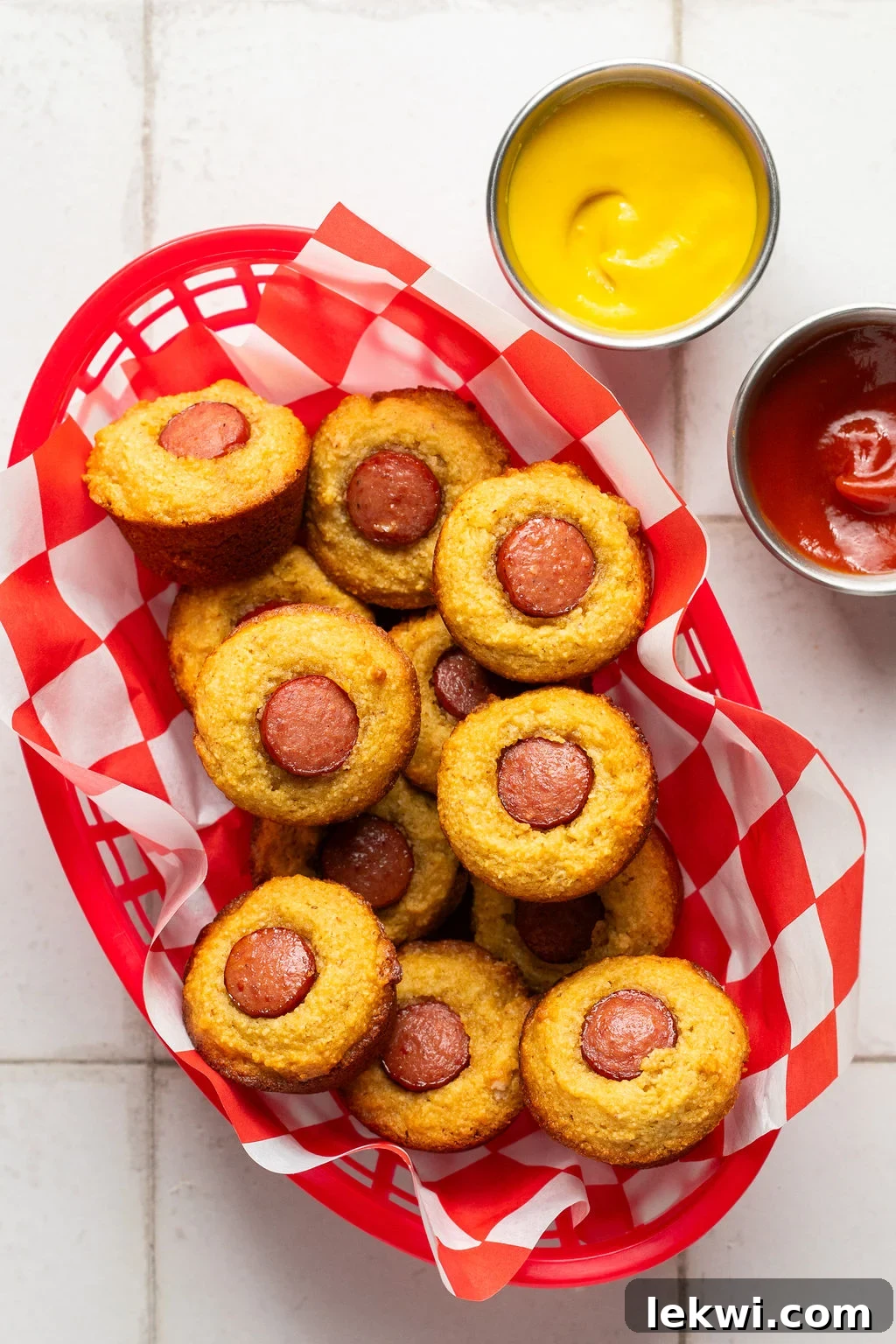 Corndog mini muffins in a red basket with checkered paper and a side of ketchup and mustard.