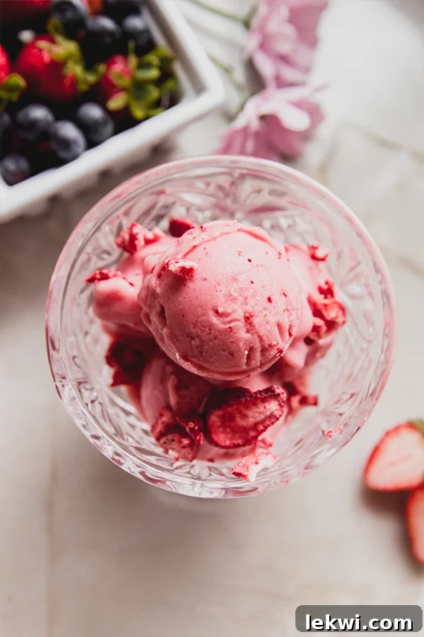 Lush, strawberry pink drink sorbet, perfectly scooped into a clear glass dish and elegantly topped with a sprinkle of crushed freeze-dried strawberries.