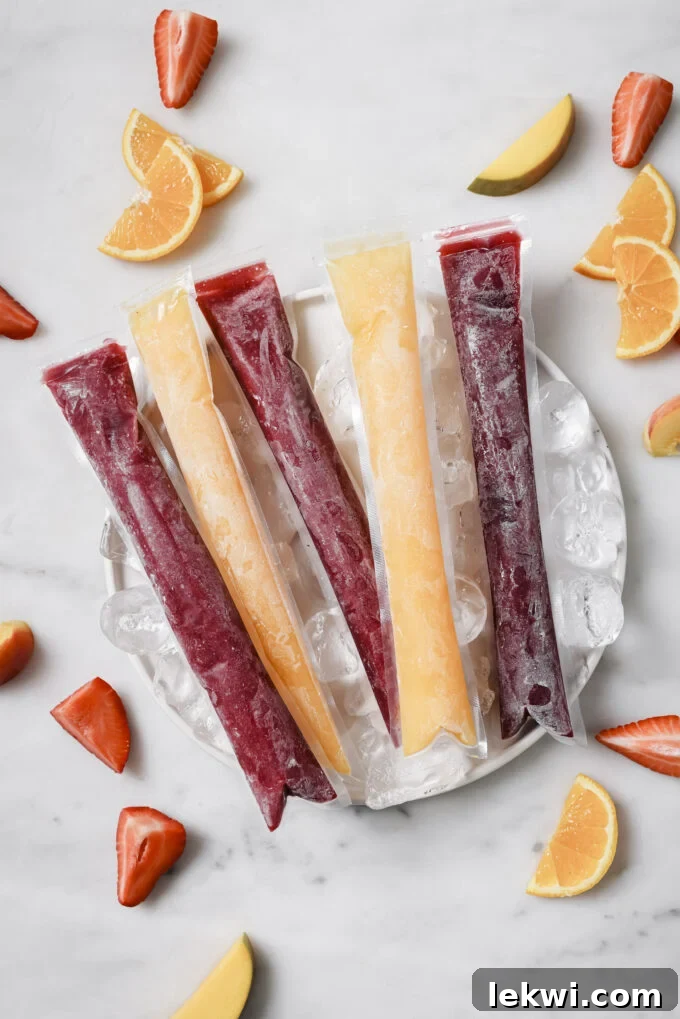 Colorful fruit and veggie freezer pops stacked on a plate with ice and fresh fruit slices, showcasing their natural appeal.