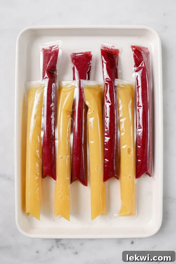 Filled fruit and veggie freezer pop pouches arranged flat on a baking sheet, ready to be placed in the freezer.