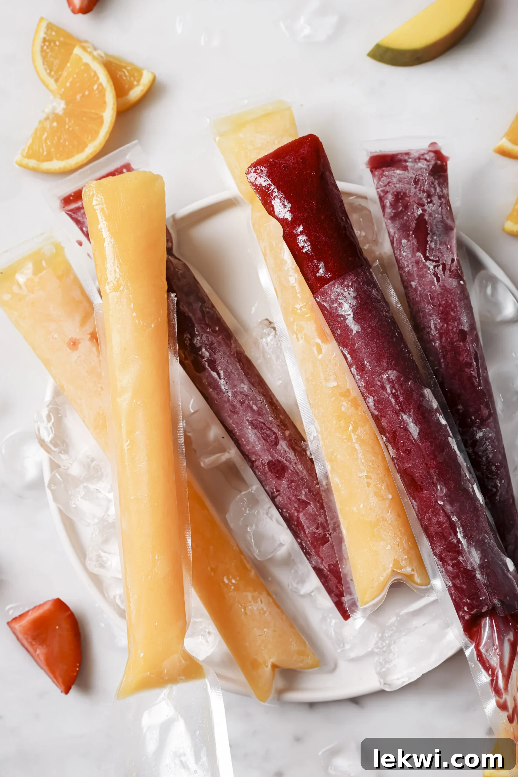 Stacked fruit and veggie freezer pops on a plate with ice and sliced fruit, ready to be enjoyed.