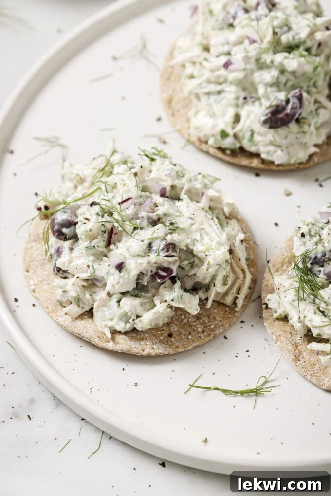 Tzatziki chicken salad on gluten free flat bread topped with dill.