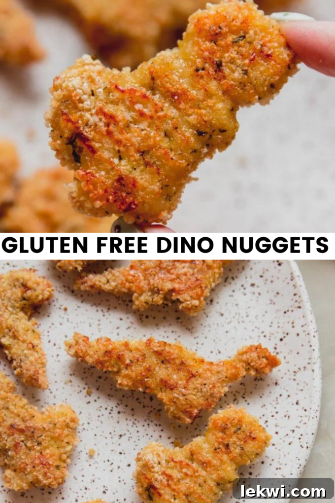 Collage with text "Gluten free dino nuggets."