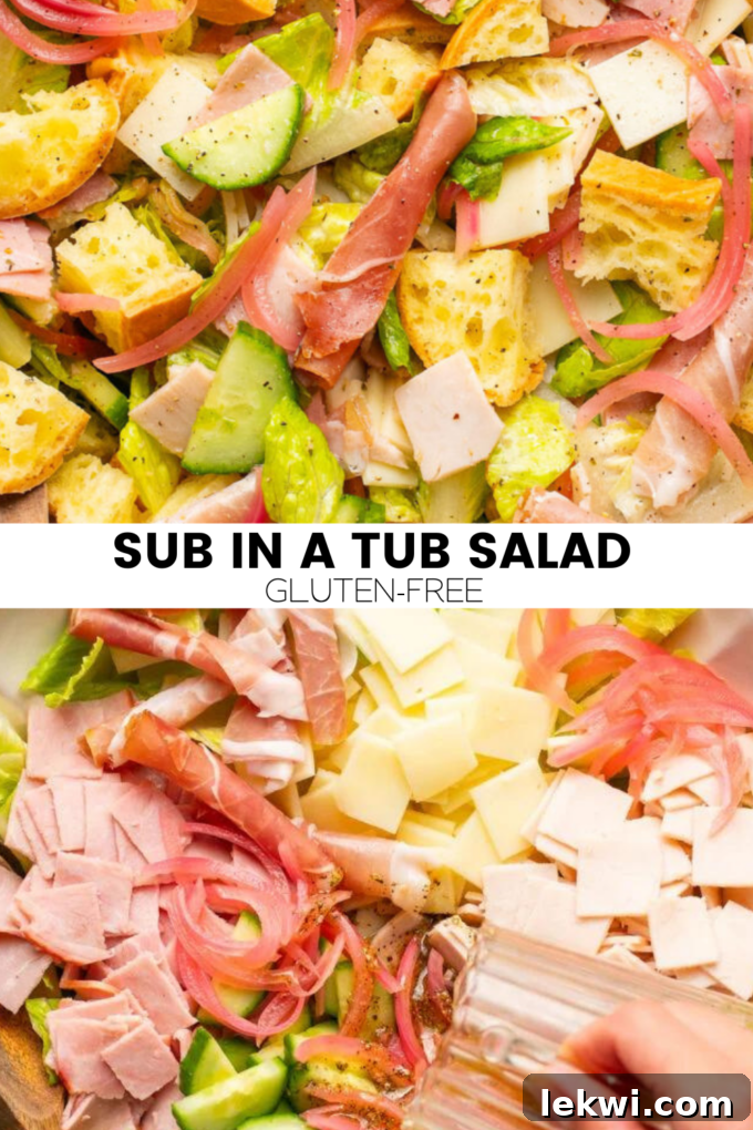 A visual comparison of the sub in a tub salad ingredients before and after mixing, perfect for Pinterest.
