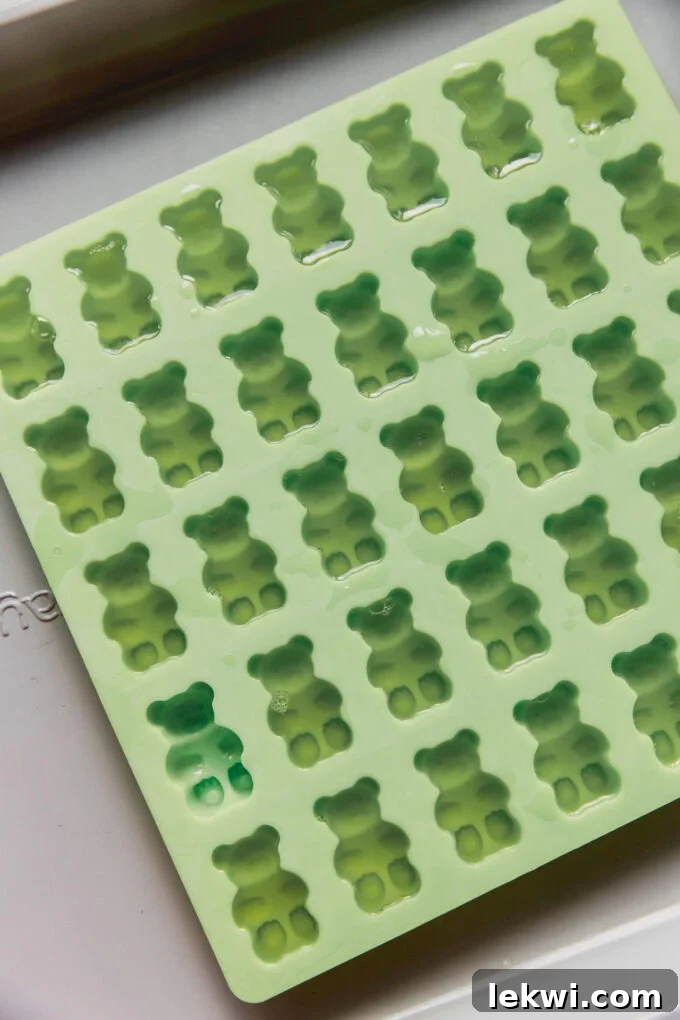 Empty silicone gummy molds, ready to be filled with the apple cider vinegar mixture, arranged neatly on a clean surface.