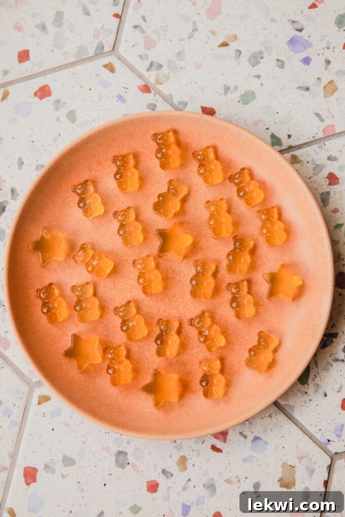 A charming display of apple cider vinegar gummy bears and stars, perfectly set and ready to enjoy, resting on a pink plate.