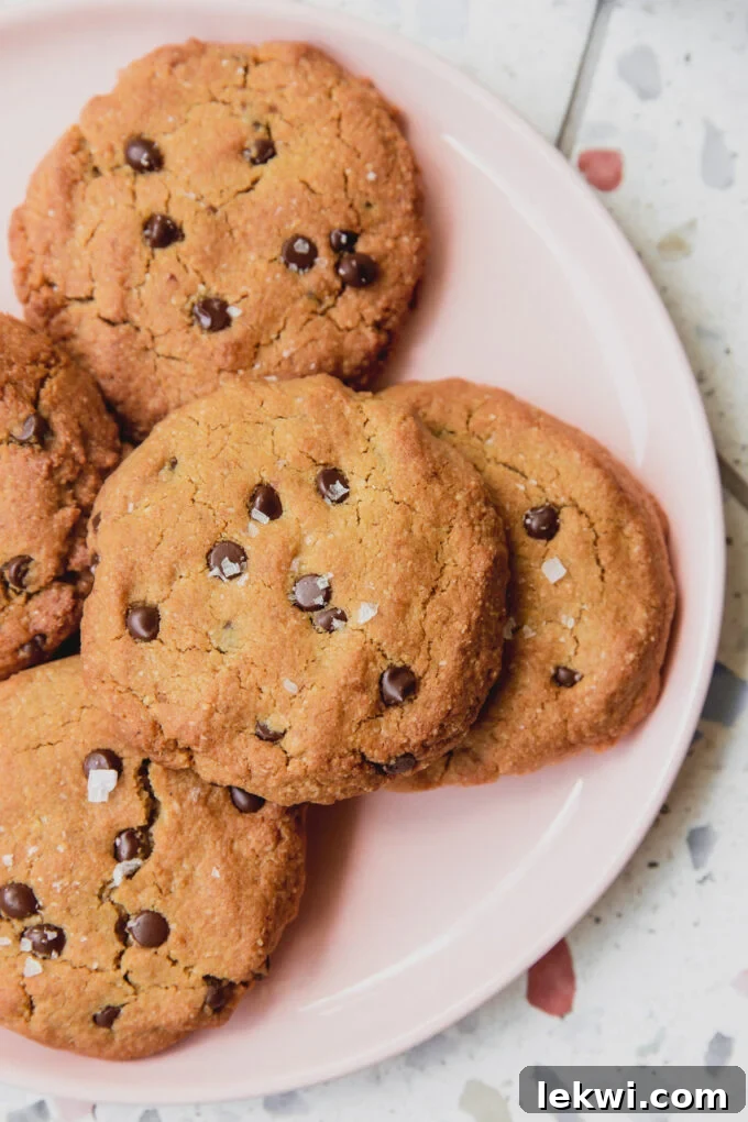 Air fryer chocolate chip cookies on a pink plate, topped with flakey salt. 