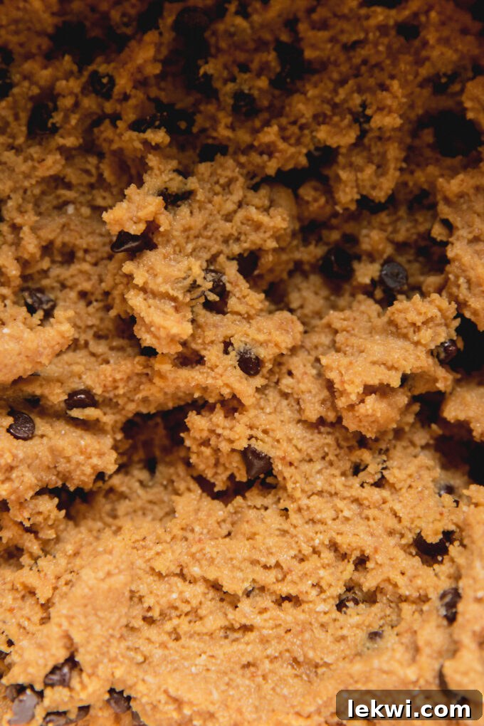 Air fryer chocolate chip cookie dough with chocolate chips.