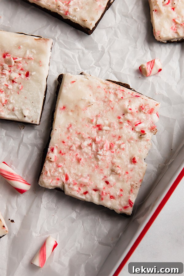 A close-up view of a single piece of two-layered peppermint bark, showcasing its smooth texture and crushed candy cane topping.