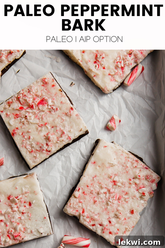 An image featuring text "Paleo Peppermint Bark Paleo | AIP Option."