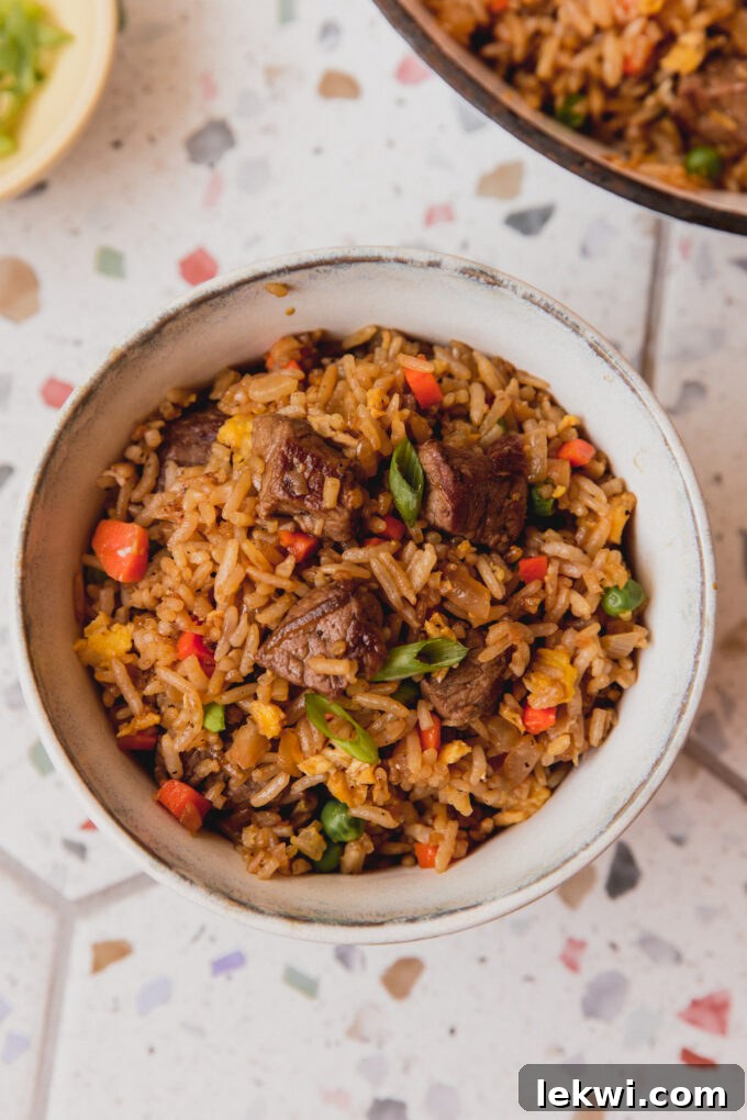 A beautiful close-up of steak fried rice in a bowl, showcasing green onions, carrots, peas, and tender steak pieces.