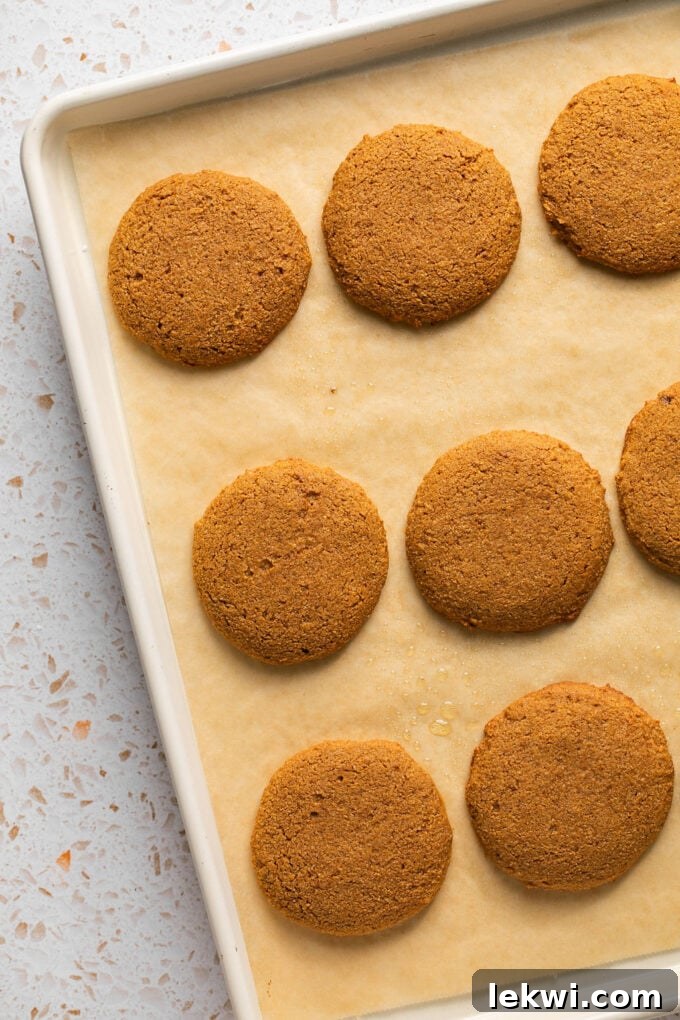 Freshly baked gluten-free pumpkin cookies on a baking sheet, golden brown and firm, cooling after being removed from the oven.