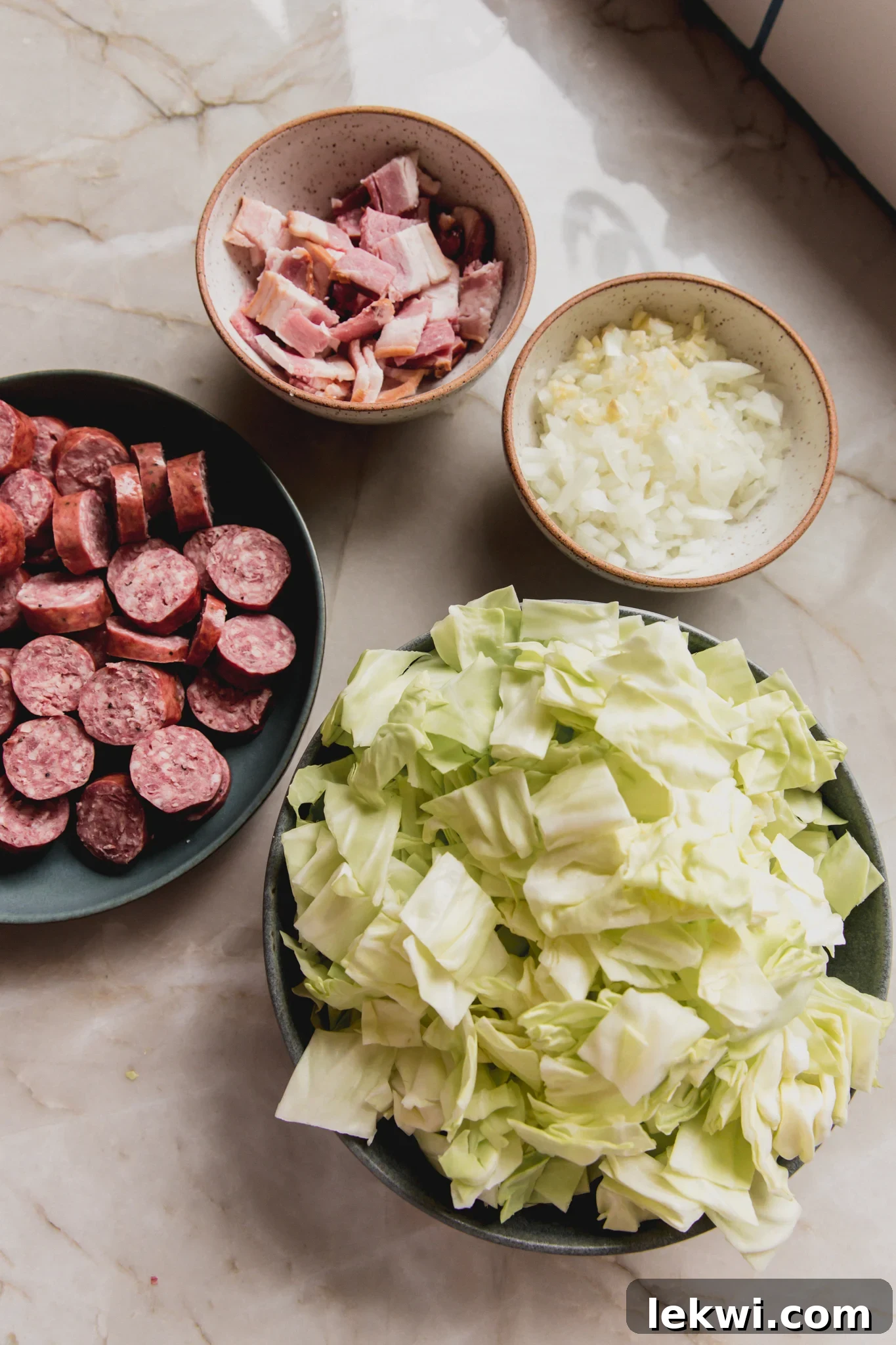Southern cabbage ingredients in bowls.