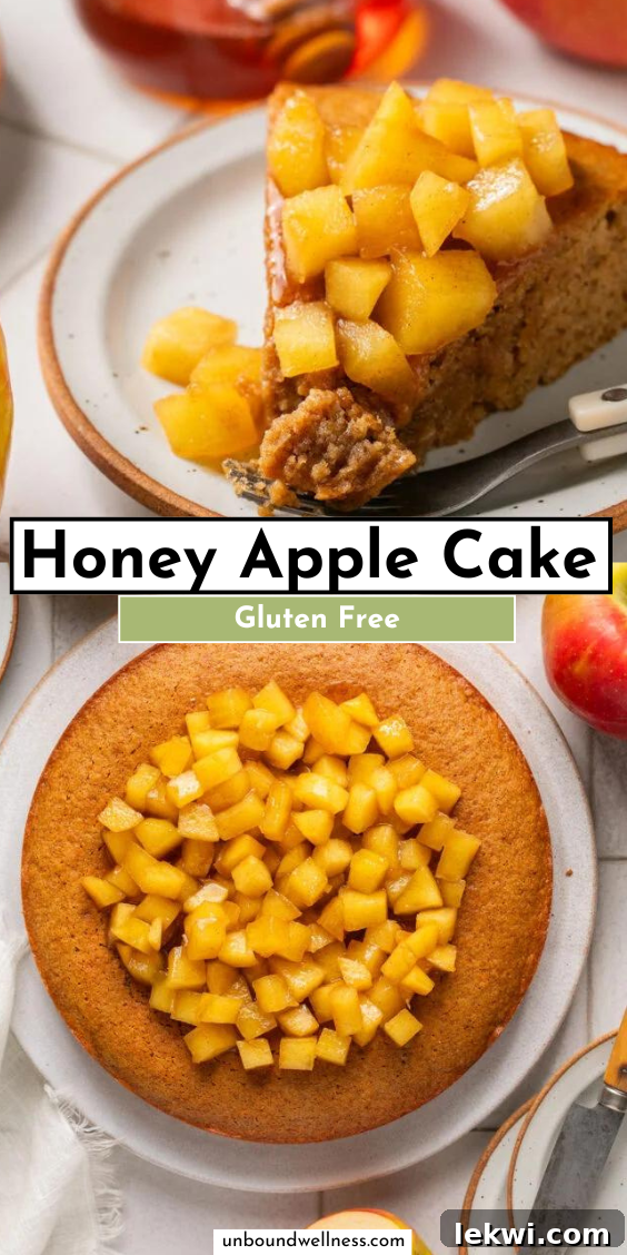 A beautifully composed flat lay image of a whole gluten-free honey apple cake, showcasing its golden crust and delicious topping.