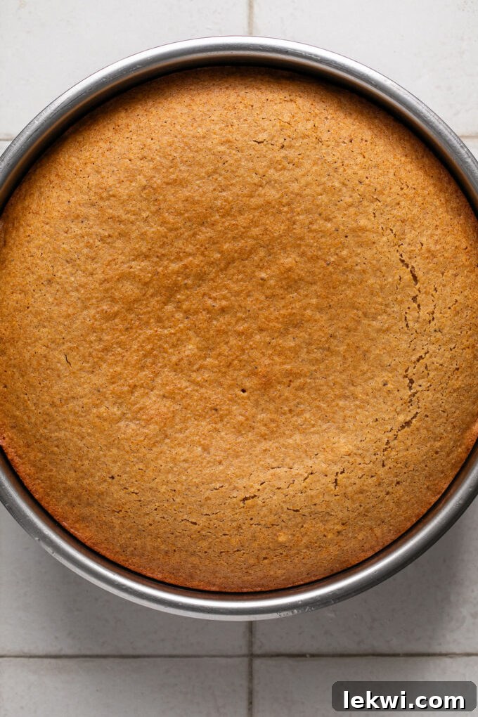 A perfectly baked gluten-free honey apple cake in a round baking pan, golden brown and ready to cool.
