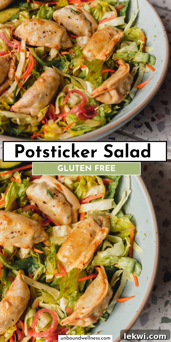Promotional image for pinning the potsticker salad recipe on Pinterest.